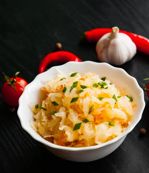 Pickled Cabbage Carrots White Bowl Dark Wooden Background — Stock Photo, Image