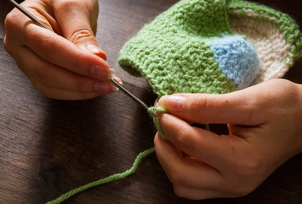 Woman Hands Knitting Crochet Hook Wooden Background — Stock Photo, Image