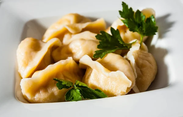 Gnocchi Carne Pelmeni Russi Ravioli Con Carne Piatto Uno Sfondo — Foto Stock