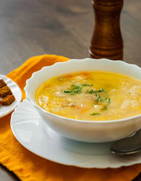 Bowl Chicken Soup Vegetables Wooden Background — Stock Photo, Image