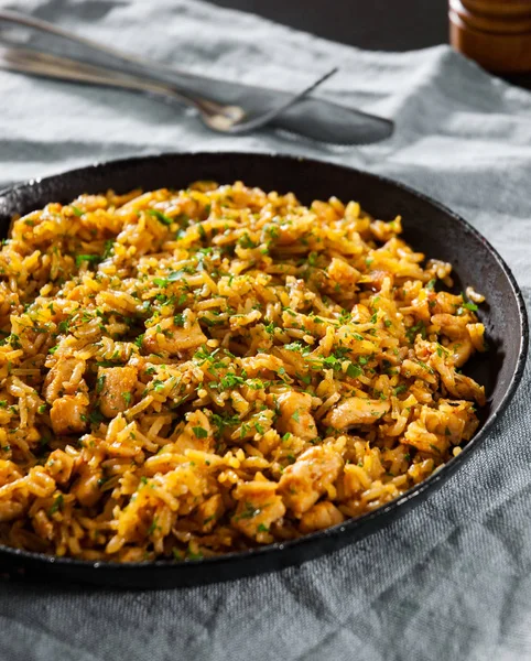 Chicken Breast Rice Vegetables Frying Pan Dark Wooden Background — Stock Photo, Image