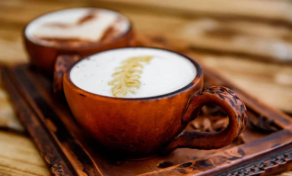 Two Cups Cappuccino Coffee Latte Art Woden Table Background — Stock Photo, Image