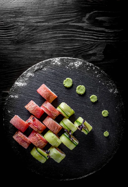 Set Sushi Roll Tuna Avocado Cream Cheese Cucumber Rice Plate — Stock Photo, Image