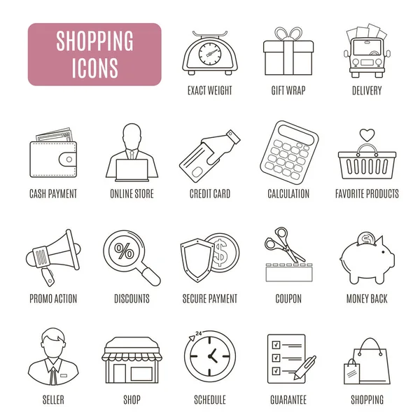 Iconos de compras. Conjunto de pictograma vectorial para gráficos web — Vector de stock