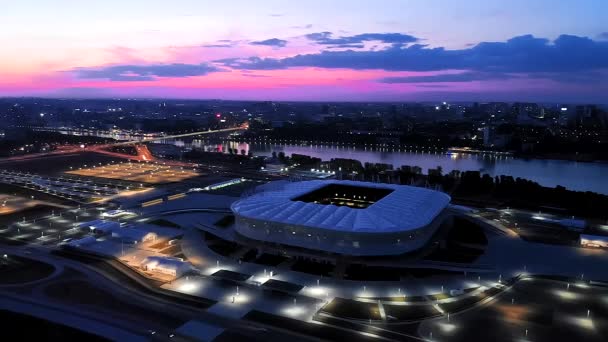 Luftaufnahme Des Stadions Rostow Arena Abend Schöner Sonnenuntergang Stadtansicht — Stockvideo
