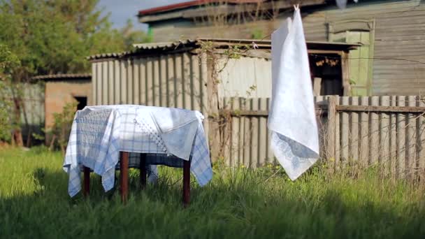 Ett träbord med bordsduk på gräs och vitt-blått linne på klädstreck — Stockvideo