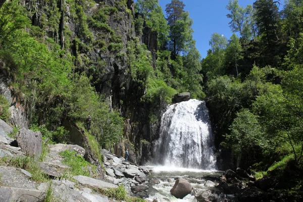 Waterfall At wild coast Teletskoe lake,  Altai State Natural Bio — Stock Photo, Image