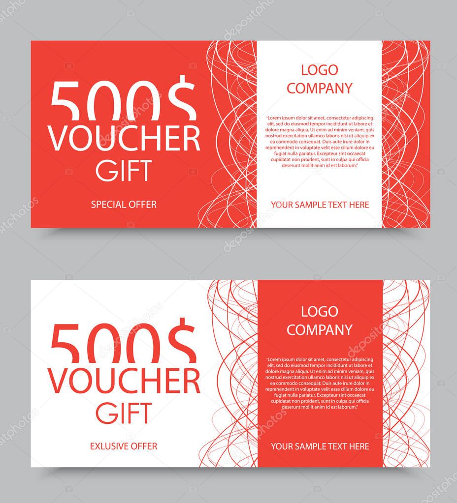 Gift company voucher template on five hundred dollars with light interweaving lines pattern in red and white colors. Vector illustration