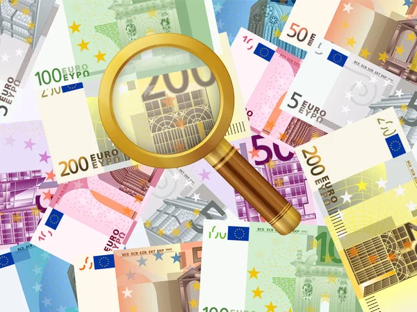 Magnifier on euros background — Stock Vector