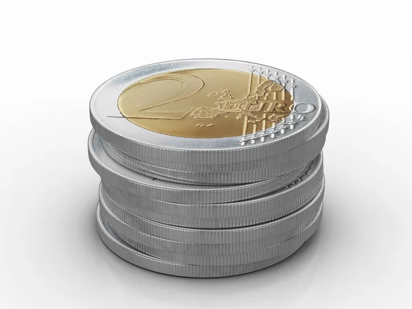 Due Monete Euro Impilano Uno Sfondo Bianco Illustrazione — Foto Stock