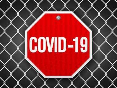Tellerin arkasında Covid-19 işareti var. Vektör illüstrasyonu.