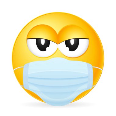 Duygusal, beyaz bir arka planda tıbbi maske takıyor. Vektör illüstrasyonu.