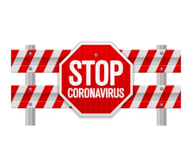 Yol güvenliği bariyeri beyaz arka planda koronavirüsü durdurur. Vektör illüstrasyonu.