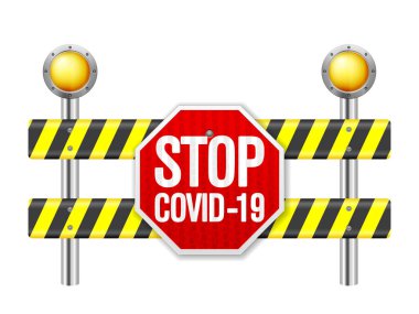 Yol güvenliği beyaz arka planda covid-19 'u durdurdu. Vektör illüstrasyonu.