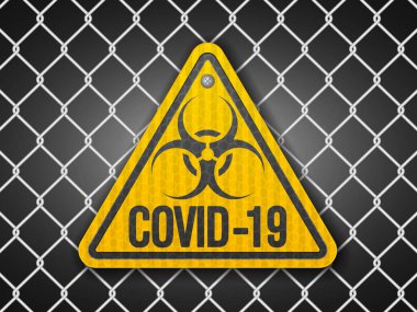 Tellerin arkasında Covid-19 işareti var. Vektör illüstrasyonu.