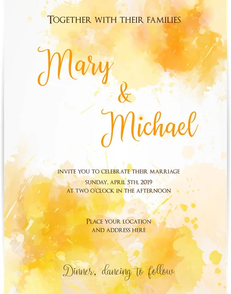Wedding invitation template with watercolor blots — Stock Vector