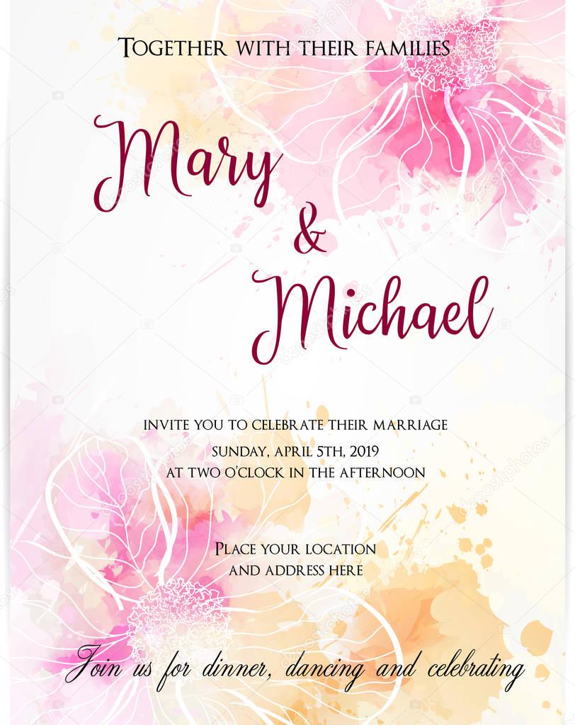 Wedding invitation template with abstract flowers. Vector illustration.