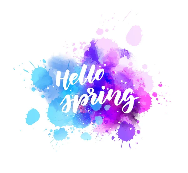 Hello spring - lettering on watercolor splash — Stock Vector