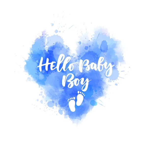 Hello Baby Boy - lettering on blue watercolor painted heart — Stock Vector