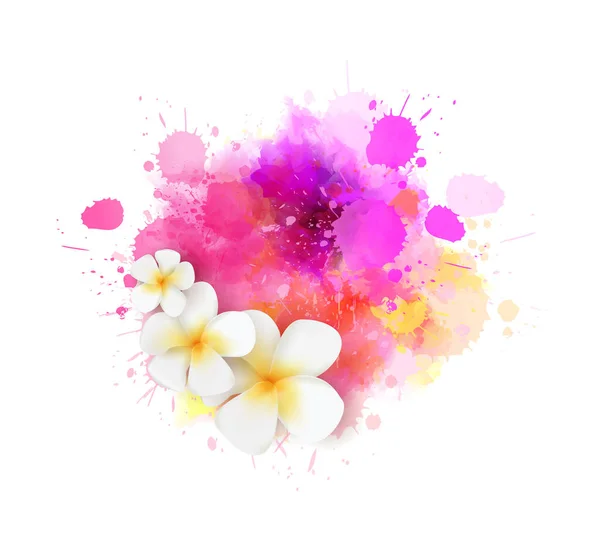 Abstrakter Sommerhintergrund Mit Frangipani Blüten Auf Lila Und Rosafarbenem Aquarell — Stockvektor