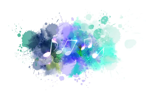 色彩艳丽的抽象水彩画背景上的音乐注释 绿色和蓝色的土黄色粉刷飞溅 — 图库矢量图片