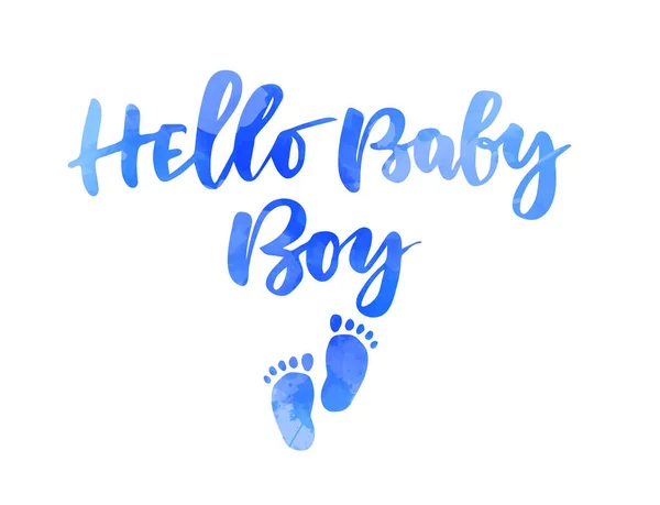 こんにちは赤ちゃんの男の子 塗装赤ちゃんの足跡と感動的な手書きの近代的な水彩書のレタリング Tシャツ プリント バナー バッジ ポスター ポストカードなどのテンプレートタイポグラフィ — ストックベクタ