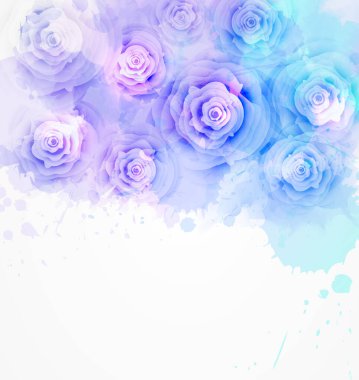 Suluboya lekeleri ve gül çiçekleriyle soyut bir arkaplan. Mor ve mavi renkli. Tasarımlarınız için şablon, örneğin düğün davetiyesi, tebrik kartı, posterler, vs..