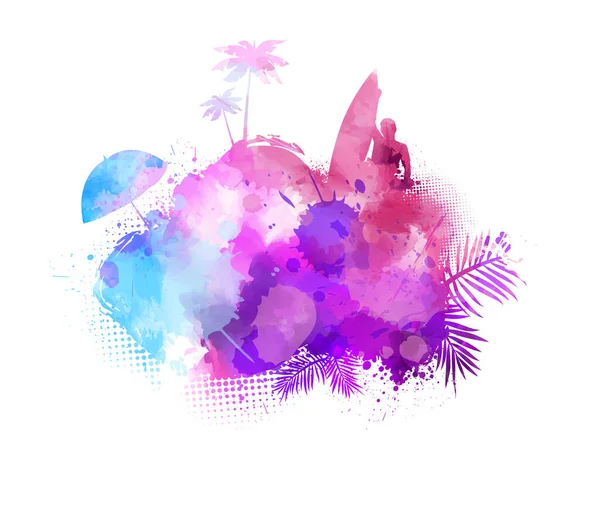 Abstract Painted Splash Shape Silhouettes Travel Concept Partying Palm Trees — Stock vektor