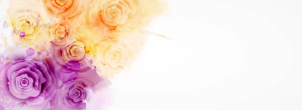 具有水彩斑斓的水彩斑斓的背景和玫瑰花 紫色和黄色 设计的模板 如婚宴请柬 海报等 — 图库矢量图片