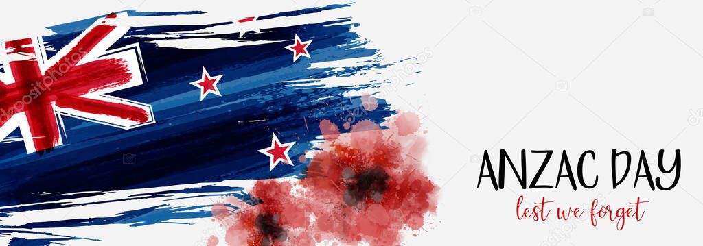 Anzac day holiday banner with New Zealand grunge flag with abstract painted watercolor poppies. Remembrance day.