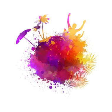 Soyut boyalı, siluet şeklinde. Seyahat konsepti, parti, palmiye ağaçları, güneş şemsiyesi. Çok renkli arka plan sıçramış. Tatil disko partisi şablonu.