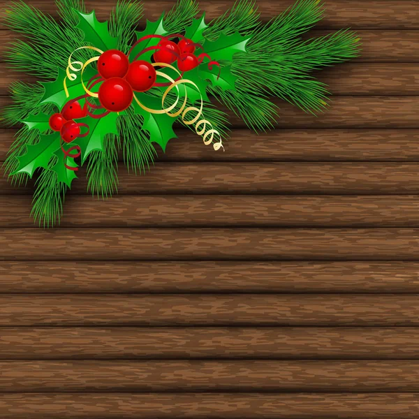 Vánoční strom, holly a dekorativních prvků na pozadí desky — Stockový vektor