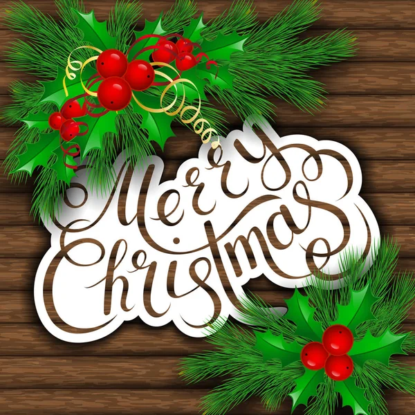 Albero di Natale, agrifoglio ed elementi decorativi sullo sfondo di tavole — Vettoriale Stock