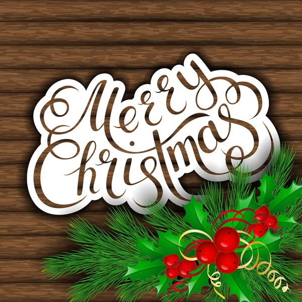 Weihnachtsbaum, Stechpalme und dekorative Elemente auf dem Hintergrund von Brettern — Stockvektor