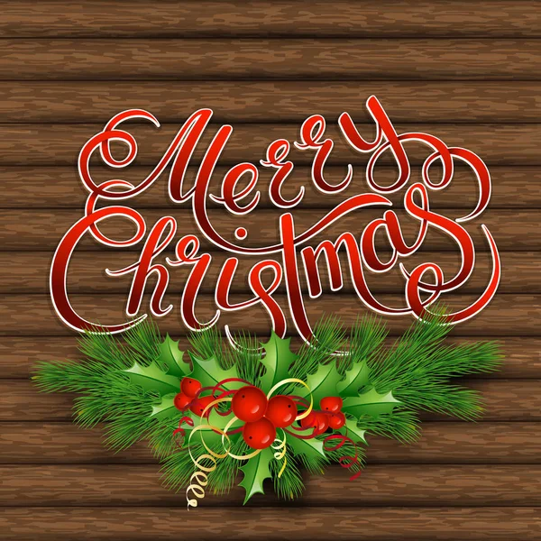 Árvore de Natal, azevinho e elementos decorativos no fundo de placas — Vetor de Stock