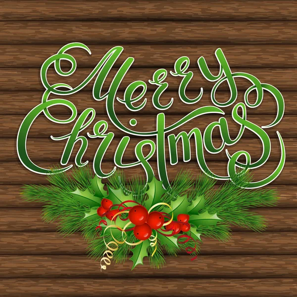 Kerstboom, holly en decoratieve elementen op de achtergrond van platen — Stockvector