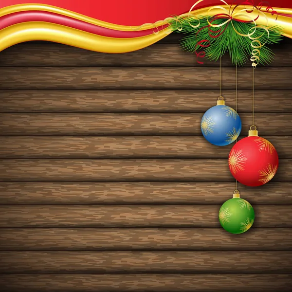 Weihnachtsbaum und dekorative Elemente auf dem Hintergrund von Brettern — Stockvektor