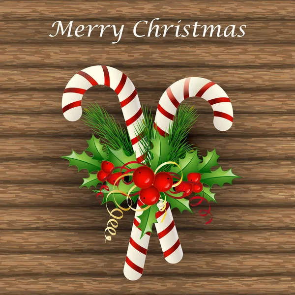 Από ζαχαροκάλαμο καραμέλα Χριστουγέννων διακοσμημένο με ένα τόξο και το δέντρο κλαδιά — Διανυσματικό Αρχείο