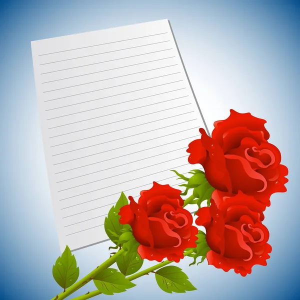 Carte de vœux ou d'invitation avec bouquet de roses rouges et feuille de papier . — Image vectorielle