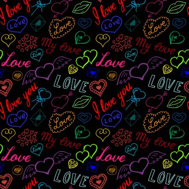 Dikişsiz desen kalpleri ve el yazısı. Sevgililer günü