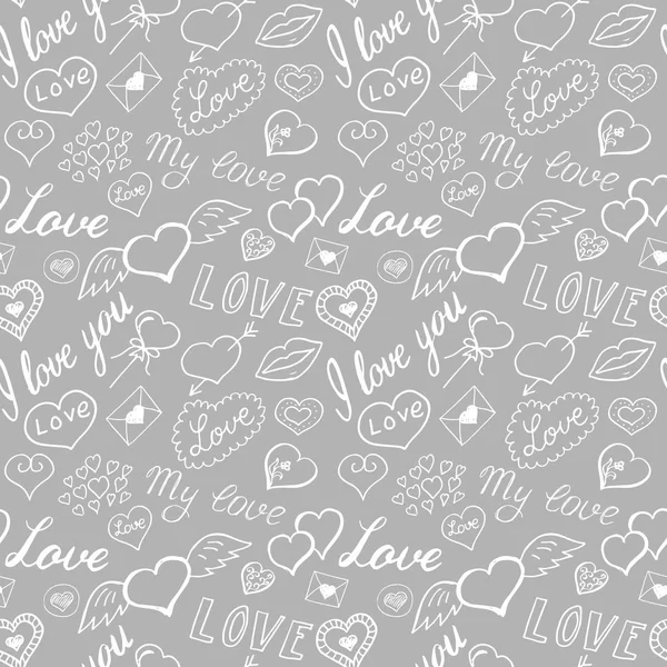 Seamless pattern of hearts and handwriting. valentines day — Stock Vector