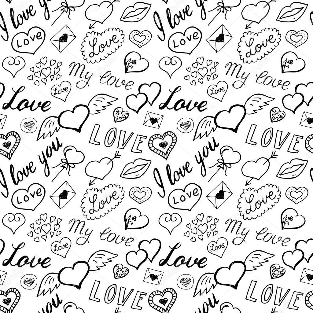 Seamless pattern of hearts and handwriting. valentines day