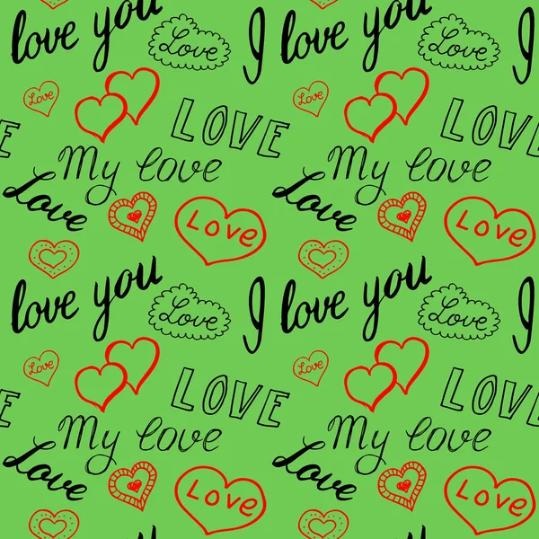 Seamless pattern of hearts and handwriting. valentines day — Stock Vector