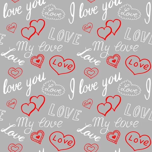 Seamless pattern of hearts and handwriting. valentines day — Stock Vector