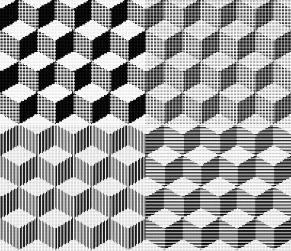 Векторная иллюстрация с полутоновым рисунком. Изометрические кубы, гравирующие бесшовную текстуру. Чёрные штрихи заднего плана. Векторная миграция . — стоковый вектор