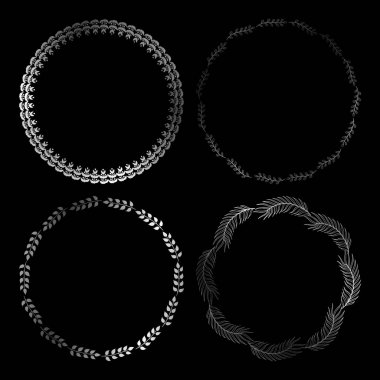 Gümüş sevimli yuvarlak çerçeve. Vektör çelenk otlar ve yaprakları ile.