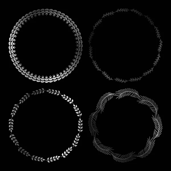 Gümüş sevimli yuvarlak çerçeve. Vektör çelenk otlar ve yaprakları ile.