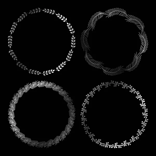 Gümüş sevimli yuvarlak çerçeve. Vektör çelenk otlar ve yaprakları ile.