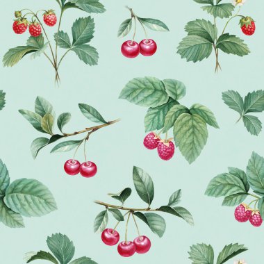 Yaprakları ile suluboya çilek