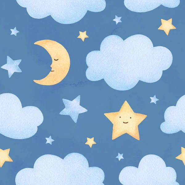 Akvarel ilustrací hvězd a mraky. Roztomilý bezešvé patt — Stock fotografie